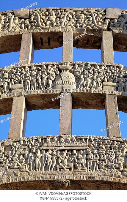 Buddhist monuments: torana of small stupa 1st century AD, UNESCO World Heritage site, Sanchi, India
