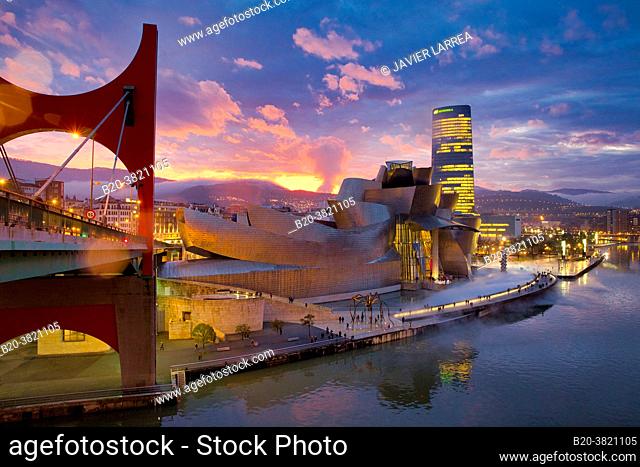 Puente de La Salve bridge, Nervion river, Guggenheim museum and Iberdrola tower, Bilbao, Bizkaia, Basque Country, Spain, Europe