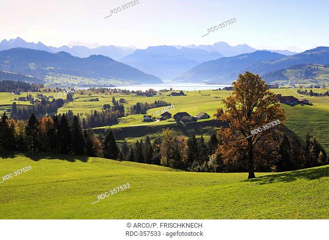 Mountains Grosser Mythen, Kleiner Mythen, lake Sihlsee, view from the Etzel, Einsiedeln, Schwyz, Schweiz