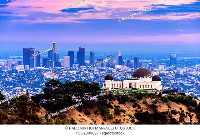 Los Angeles skyline with Griffith observatory at twilight
