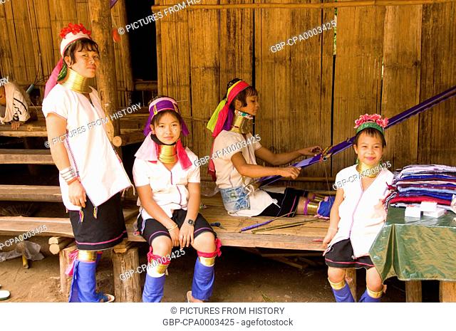Thailand: A group of Padaung (Long Neck Karen) women, Karen Long Neck Village and Seven Tribe Village, near Mae Taman, north of Chiang Mai
