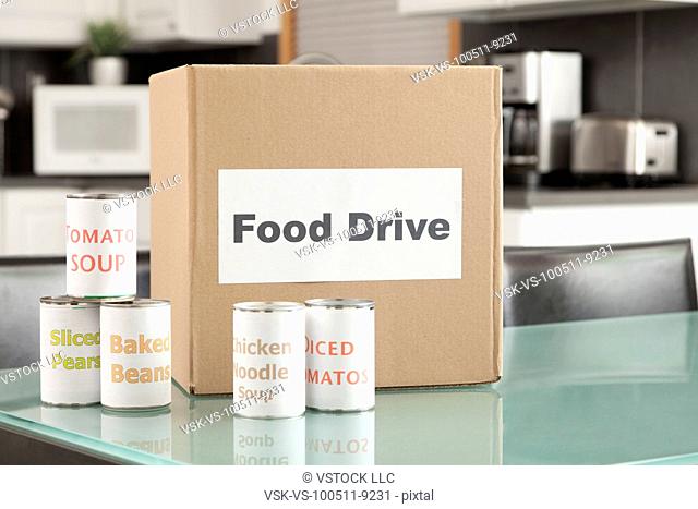 USA, Illinois, Metamora, Cardboard box and canned food in kitchen
