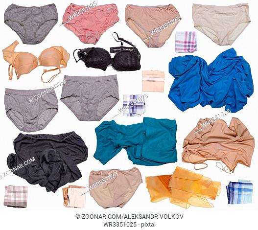 The used fresh simple washed family underwear from a wardrobe. Isolated in white set collage