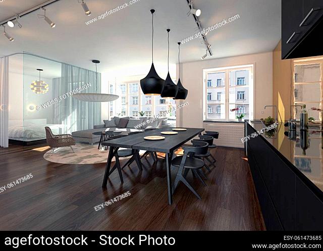 Architectural Interior of Modern Open Concept Apartment or Condo Decorated with Dark Furniture and Contemporary Decor