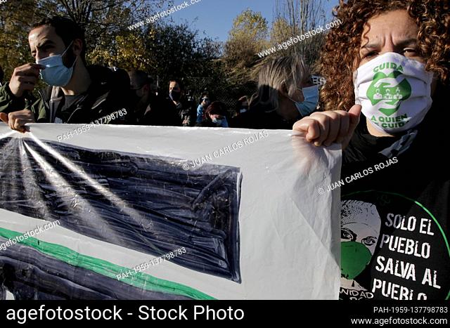 Madrid, Spain, 01/12/2020.- Members of the Sanitarios Necessary platform demonstrate in front of the Pandemic Hospital during its inauguration