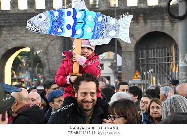 Supporters of the 'Sardines', an anti-populist left-wing movement, gather at San Giovanni Square in Rome, Italy, 14 December 2019
