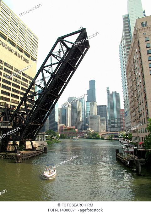 Chicago, IL, Illinois, Windy City, Downtown, skyline, North Branch Chicago River, railroad drawbridge raised