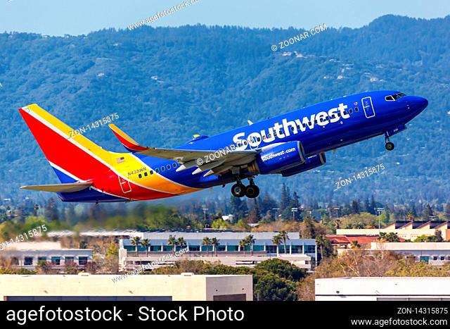 San Jose, California ? April 10, 2019: Southwest Airlines Boeing 737-700 airplane at San Jose airport (SJC) in the United States