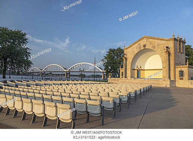 Davenport, Iowa - The LeClaire Park bandshell, next to the Mississippi River. The Rock Island Centennial Bridge connects Davenport with Rock Island, Illinois