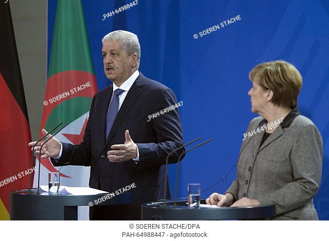 German Chancellor Angela Merkel (R) and Algeria's Prime Minister Abdelmalek Sellal deliver remarks at a joint press conference in Berlin,  Germany