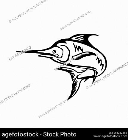 Black and White retro style illustration of a blue marlin fish jumping up viewed from side set on isolated white background