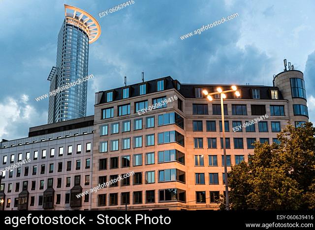 Contemporary office buildings by night, Financial district of Frankfurt, Germany, July 2017