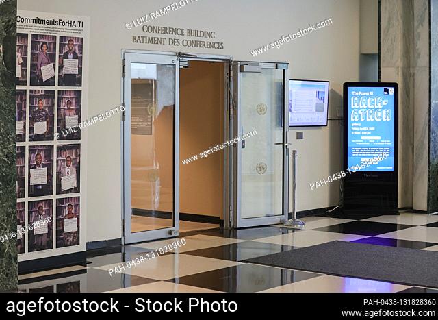 United Nations, New York, USA, April 17, 2020 - A view of empty United Nations headquarters during lunch time, when under normal circumstances the corridors and...