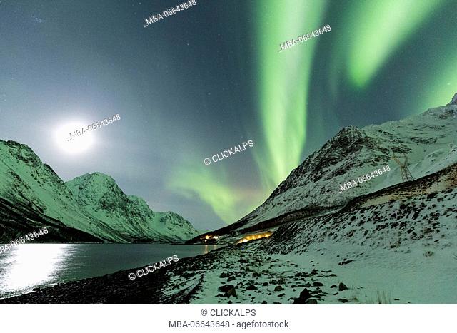 Northern Lights color the night sky lit up by the moon. Kjosenfjord, Lyngen Alps, Troms, Norway, Lapland, Europe