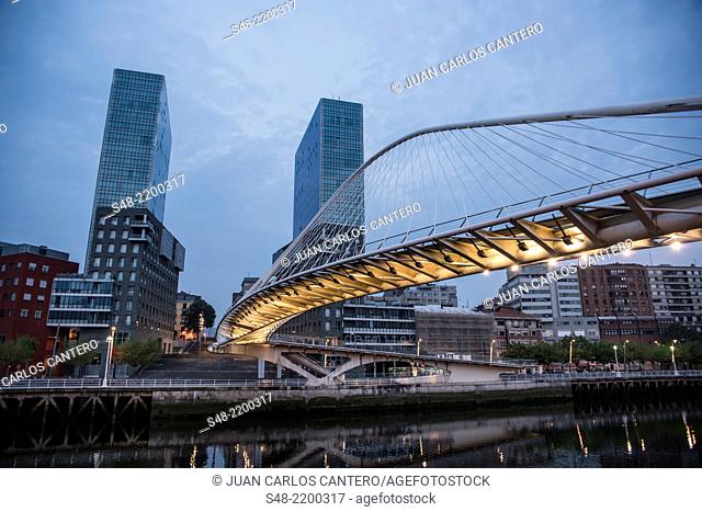 Isozaki Torres and Calatrava footbridge. Bilbao. Vizcaya. Basque Country. Spain. Europe