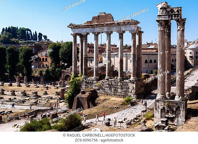 Temple of Saturn and temple of Vespasian and Titus in the Roman Forum, Rome, Lazio region, Italy