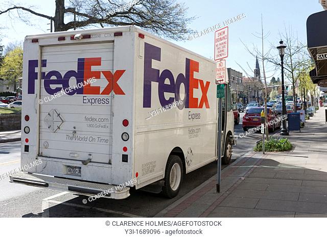 A FedEx truck makes a local delivery in Tarrytown, New York