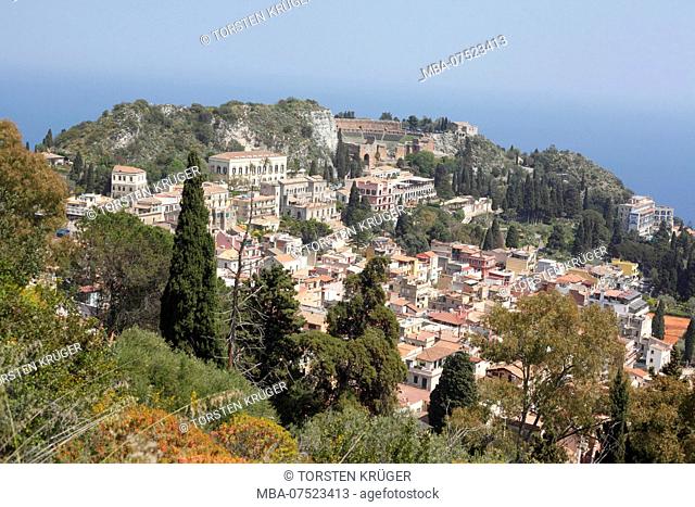 Town view, old town with Teatro Antico Greco, Taormina, Province of Messina, Sicily, Italy, Europe