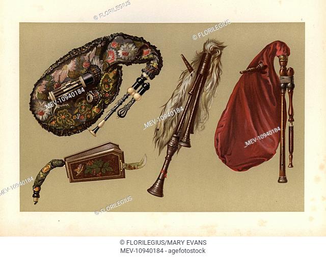 Cornemuse, Calabrian bagpipes, musette and bellows. Chromolithograph from an illustration by William Gibb from A.J. Hipkins' Musical Instruments, Historic