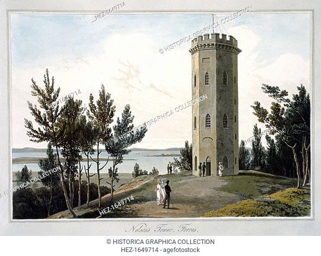 'Nelson's Tower, Forres', Moray, Scotland, 1821. This tower overlooking the River Findhorn and the Moray Firth was built in 1806 to commemorate Nelson's victory...