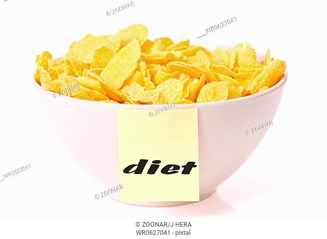 cornflakes in bowl and note paper
