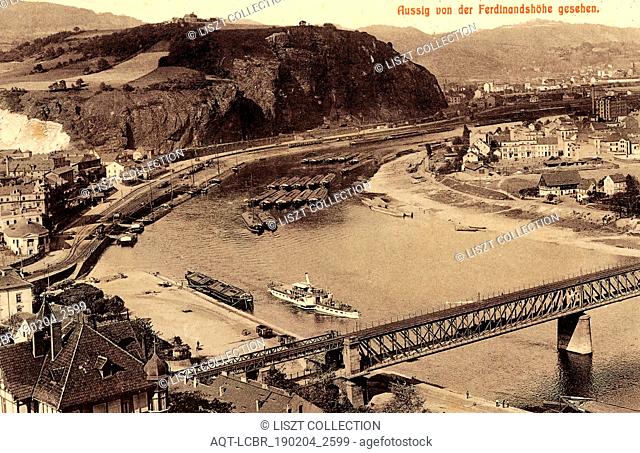 Bridges in Ústí nad Labem, Steamships on the Elbe in Bohemia, Vetruše (restaurant), 1902, Ústí nad Labem Region, Aussig, Elbe, Von Ferdinandshöhe gesehen