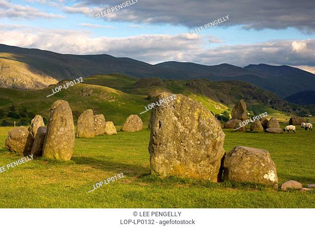 England, Cumbria, Keswick, Evening light over Castlerigg stone circle in Cumbria