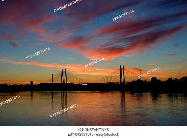Cable-stayed bridge at evening in St.Petersburg, Russia