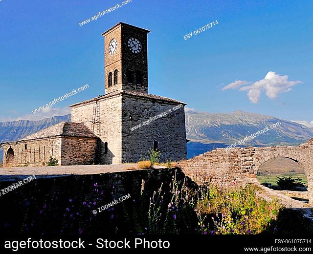 Clock tower and old stone bridge, with copy space, Girokaster, Albania. High quality photo