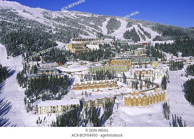 Big White Ski Resort, aerial of village  56 km SE of Kelowna, Okanagan Valley, British Columbia, Canada