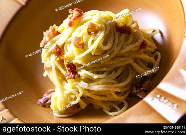 Pasta Carbonara with Bacon and Egg and Parmesan Cheese