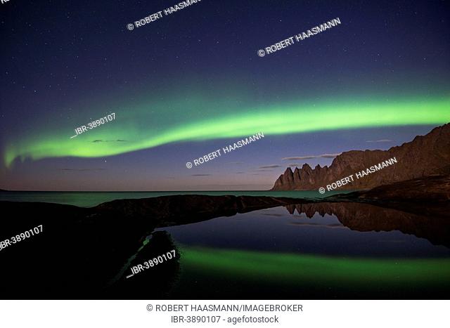 Northern lights or aurora borealis with reflection in the water, in the back Tungeneset, Senja, Norway