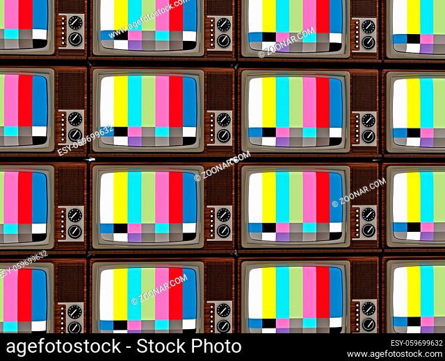 Old analogue television with test screens stack. 3D illustration