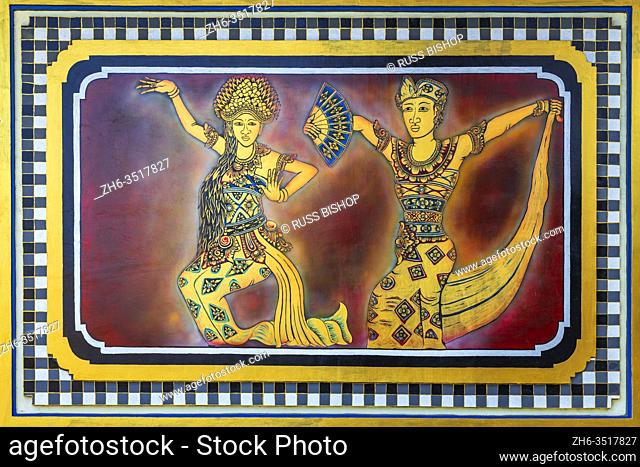 Painting of Balinese dancers at Tanah Lot Temple, Bali, Indonesia