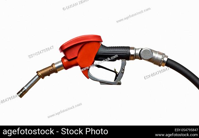 Red fuel pump or refueling hose isolated on white