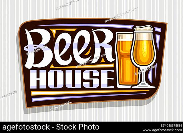 Vector logo for Beer House, dark decorative sign board with illustration of full beer glass with froth and golden highball