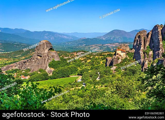 Landscape with rock and monastery of St. Nicholas Anapausas in Meteora, Greece