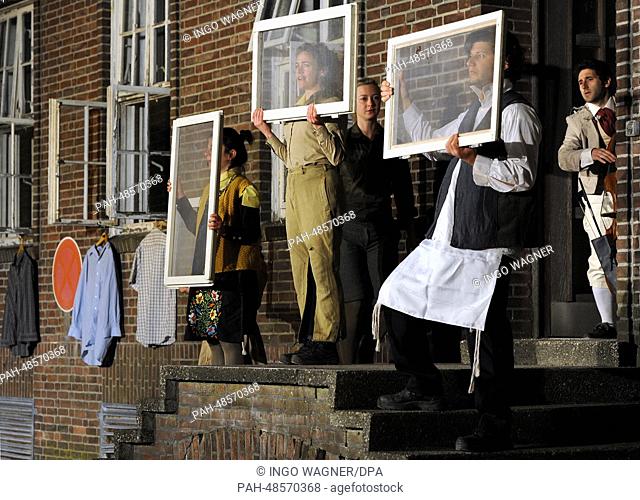 Actors (L-R) Claudia Schwartz, Gonny Gaakeer, Johanna Fuelle, Cnaan Erez Shahak and Shaul Buston of the artist group 'Das Letzte Kleinod' rehearse a scene from...