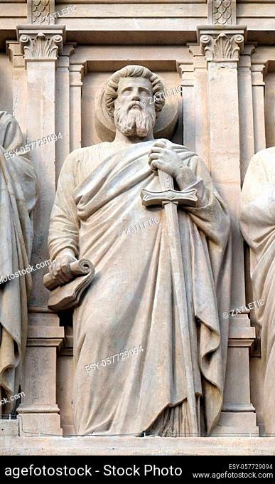 Saint Paul the Apostle, statue on the facade of Saint Augustine church in Paris, France
