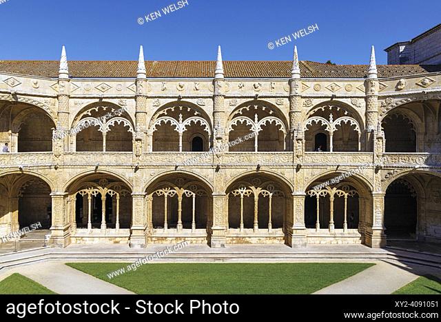 Lisbon, Portugal. The cloister of the Mosteiro dos Jeronimos/Monastery of the Hieronymites. The monastery is considered a triumph of Manueline architecture and...