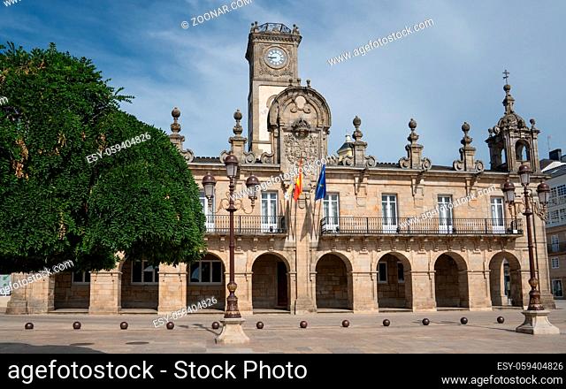 Panoramic image of the historic townhall of Lugo on a cloudy day, Camino de Santiago trail, Calicia, Spain
