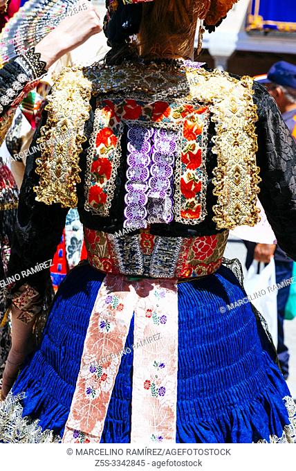 Woman dressed in clothing typical of Lagartera. Lagartera, Toledo, Castilla - La Mancha, Spain, Europe