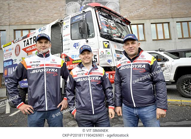 From left TOMAS SIKOLA, DAVID SCHOVANEK AND MARTIN SOLTYS of Tatra Buggyra Racing Team pose during the press conference prior to Rally Dakar 2018 in Prague
