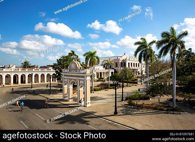 Porticoed Neoclassical buildings frame the Parque JosÃ© MartÃ­, Cienfuegos, Cuba
