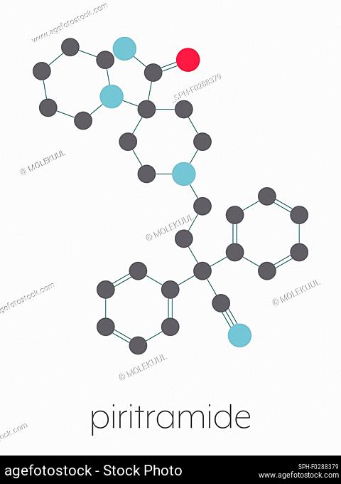 Piritramide opioid analgesic drug molecule. Stylized skeletal formula (chemical structure): Atoms are shown as color-coded circles connected by thin bonds