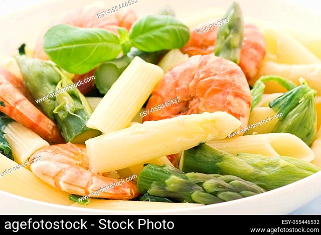 asparagus tips, pasta, shrimp