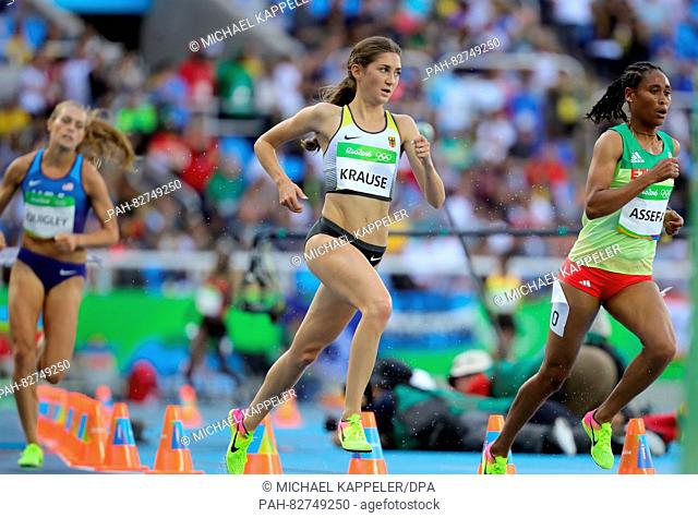 Gesa Felicitas Krause (C) of Germany, Colleen Quigley (L) of USA and Sofia Assefa (R) of Ethiopia compete in the Women's 3000m Steeplechase Round of the...