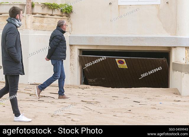Tavernes de la Valldigna, Valencia, Spain, January 22, 2020. The sand reaches half the doors of the garages and makes the streets impassable