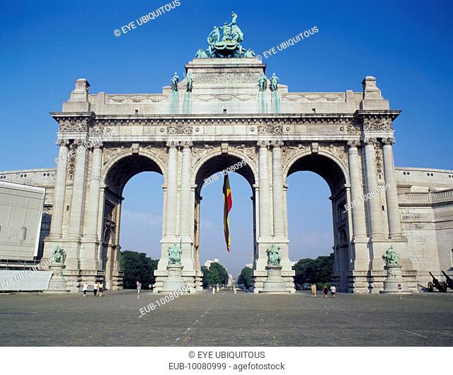 Arc du Triomphe, the Arch in the Cinquantenaire park and hanging Belgian flag