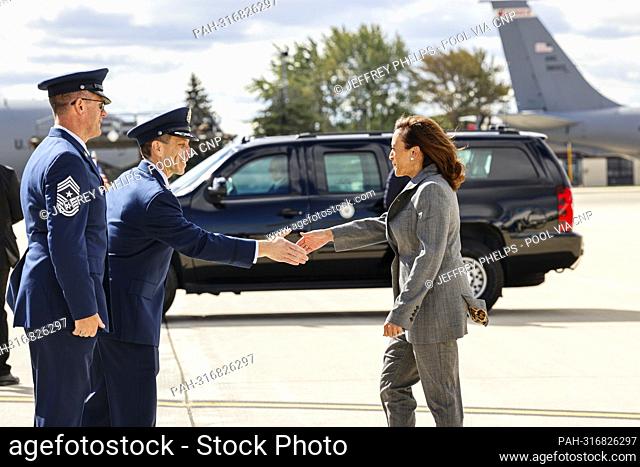 United States Vice President Kamala Harris greets members of the US Air Force Air National Guard at Mitchell International airport